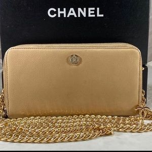 CHANEL Neutral Tan Zip Wallet on Chain WOC